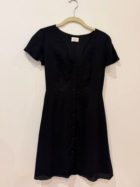 Aritzia Black Button-Front V-Neck Mini Dress with Flutter Sleeves